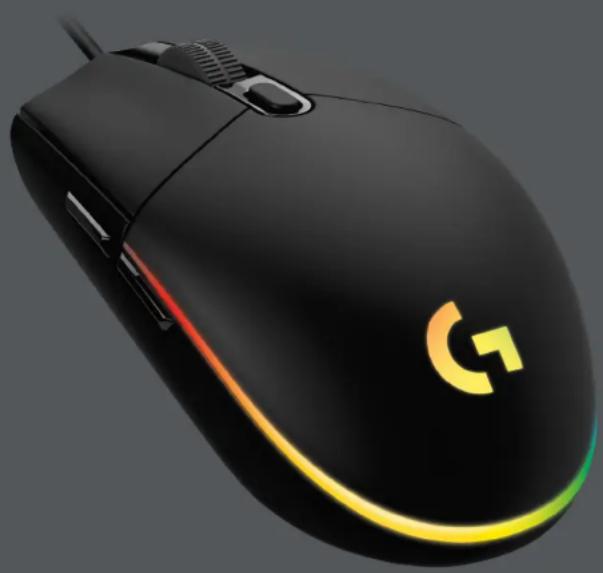 Black Logitech mouse with glowing 'G' logo on the rim, shown in profile view against a gray background (no text or symbols beyond branding)