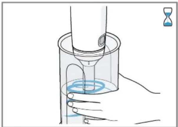 Illustration of a hand pressing a liquid in a cylindrical container with an hourglass symbol (no text or labels).
