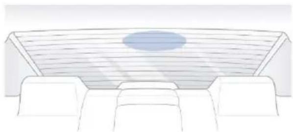 Line drawing of a modern meeting table with a large overhead table and a blue oval on the back (no text or symbols)