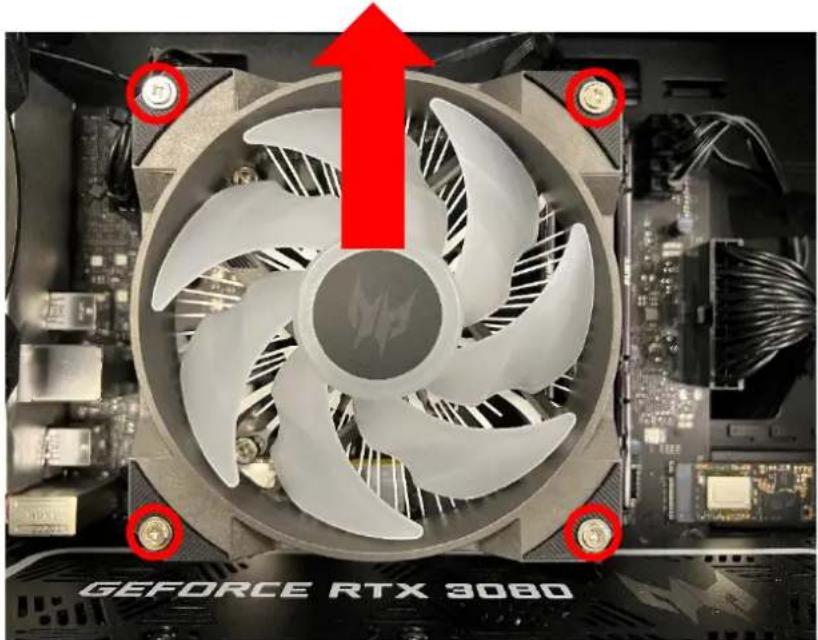 Close-up of a GEFORCE RTX 3080 CPU fan with visible cooling effect and red upward arrow (no text or symbols on fan itself)