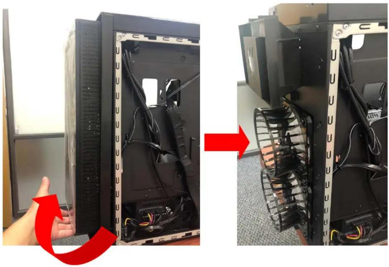 Two-panel image showing a computer tower with exposed internal components and a hand interacting with the left panel (no text or symbols visible)