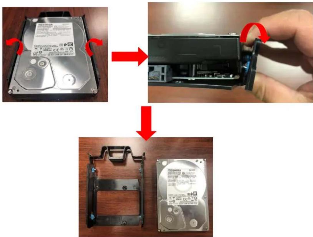 Diagram showing the assembly process of a TOSHIBA hard disk, with red arrows indicating the step and closure of the device.
