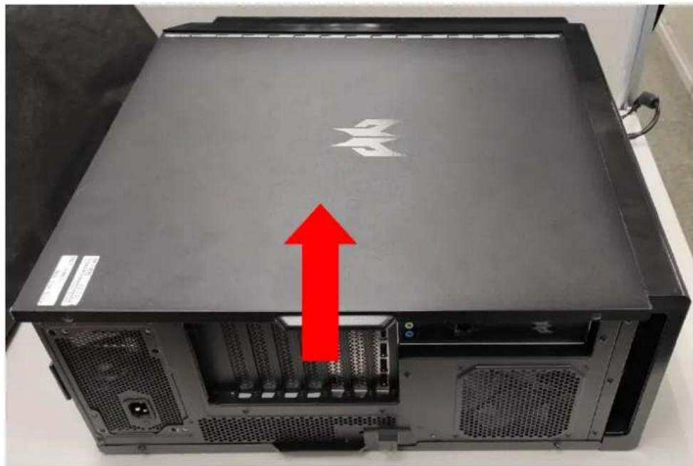 Back view of a black server rack with a red upward arrow indicating a component or connection (no text or symbols visible)
