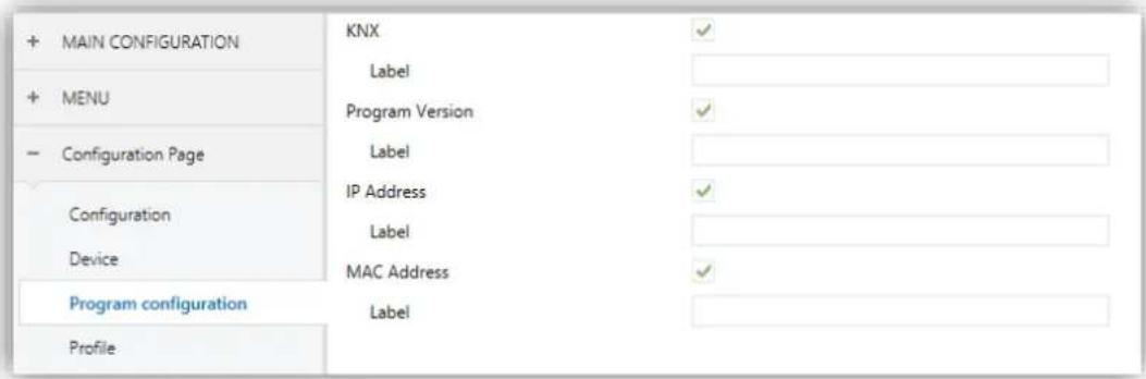 + MAIN CONFIGURATION + MENU - Configuration Page Configuration Device Program configuration Profile KNX Label Program Version Label IP Address Label MAC Address Label