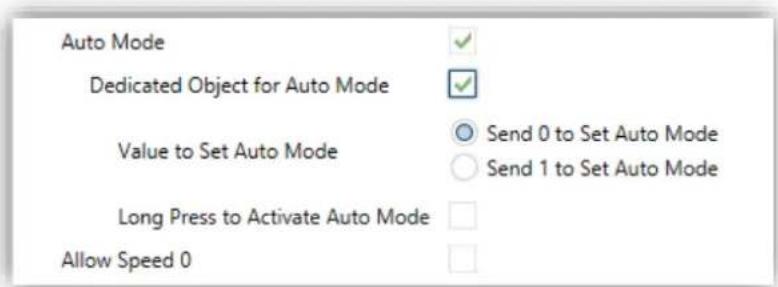 Auto Mode Dedicated Object for Auto Mode Value to Set Auto Mode Send 0 to Set Auto Mode Send 1 to Set Auto Mode Long Press to Activate Auto Mode Allow Speed 0