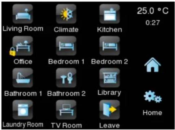 Living Room Climate Kitchen Office Bedroom 1 Bedroom 2 Bathroom 1 Bathroom 2 Library Laundry Room TV Room Leave Home 25.0 °C 0:27