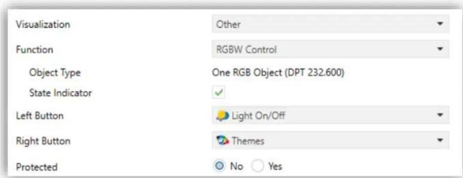 Visualization Function RGBW Control Object Type One RGB Object (DPT 232.600) State Indicator Left Button Light On/Off Right Button Themes Protected No Yes