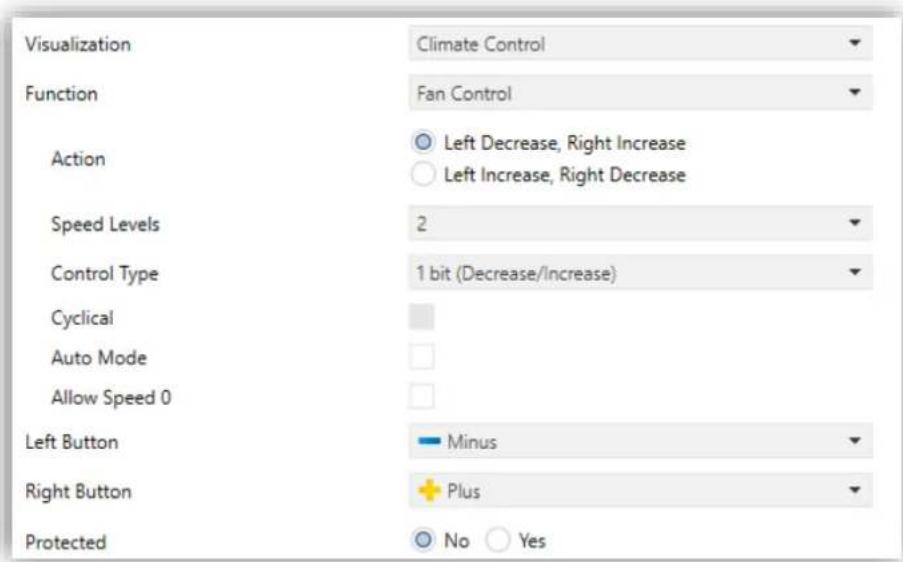 Visualization Function Climate Control Fan Control Action Left Decrease, Right Increase Left Increase, Right Decrease Speed Levels 2 Control Type 1 bit (Decrease/Increase) Cyclical Auto Mode Allow Speed 0 Left Button Minus Right Button Plus Protected No Yes