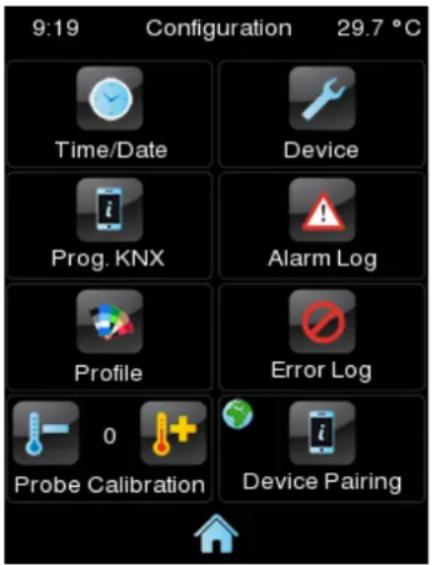 9:19 Configuration 29.7 °C Time/Date Device Prog. KNX Alarm Log Profile Error Log Probe Calibration Device Pairing