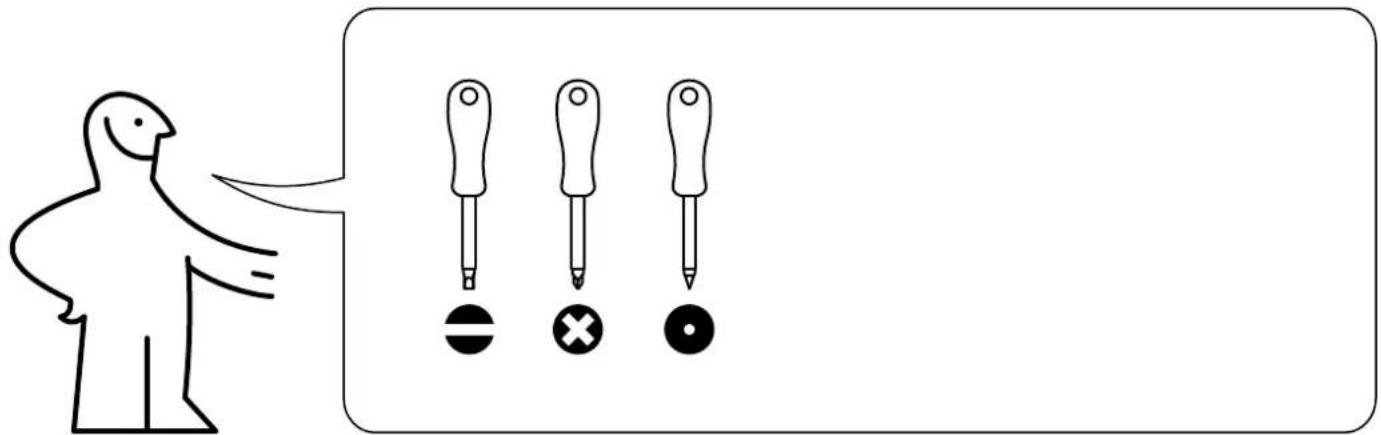 Schéma montrant une personne pointant vers trois icônes de tournevis avec des symboles : cercle, croix et point, illustrant probablement un schéma de base ou un concept pédagogique.