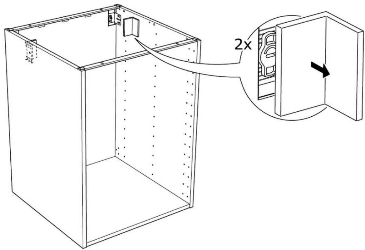 Schéma technique d'un meuble avec un encart montrant une vue agrandie 2x de l'ouverture de la porte, mettant en évidence un changement structurel.