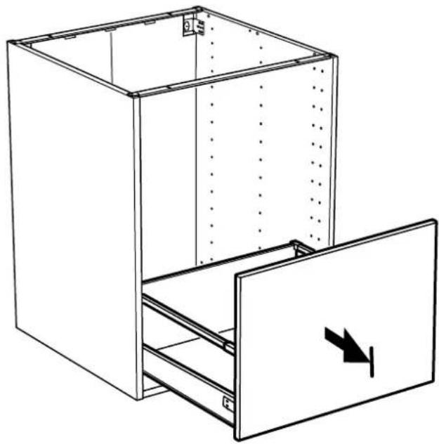 Dessin technique au trait d'un meuble avec une porte ouverte et une flèche indicatrice (sans texte ni symboles)