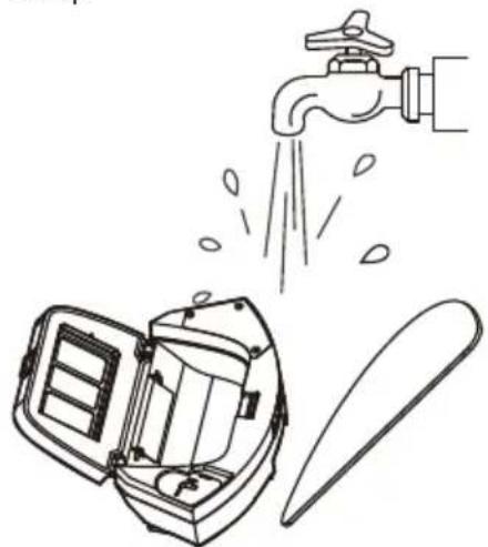 Illustration of a faucet spraying water onto an open boat, with a separate blade nearby.