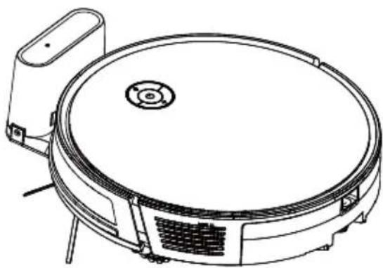 Line drawing of a circular vacuum cleaner with lid and side-mounted sensor (no text or symbols)