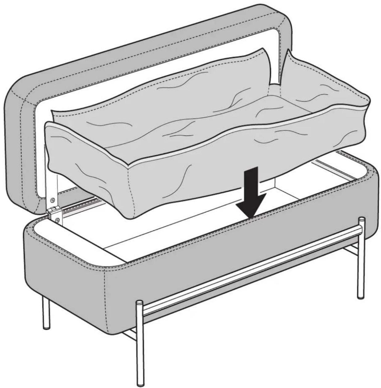 Illustration of a fabric or cushioning device with a downward arrow indicating compression or disassembly (no text or symbols present)