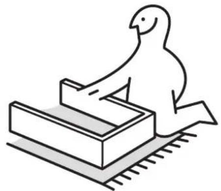 Simple line drawing of a bird interacting with a rectangular object on a textured surface (no text or symbols)