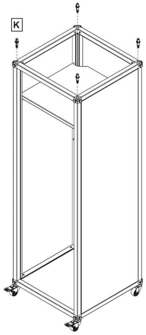 Line drawing of a rectangular metal frame with wheels and a central vertical support (no text or symbols)
