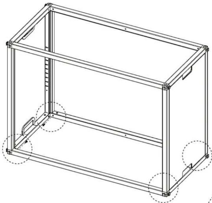 Technical line drawing of a rectangular metal frame structure with dashed circular annotations indicating mounting points (no text or symbols present)