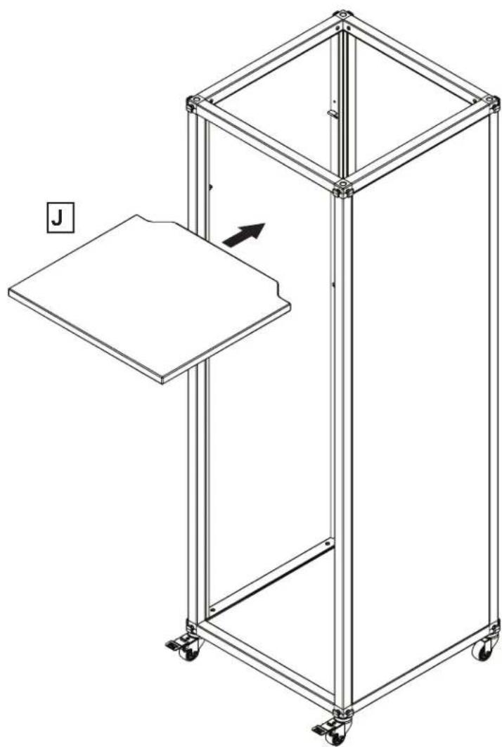 Line drawing of a multi-tiered mechanical cart with a labeled component 'J' and an arrow indicating direction (no text or symbols on the cart itself)