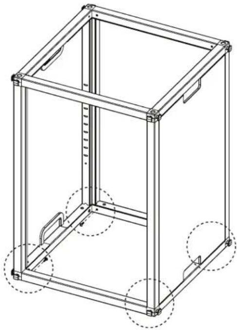 Technical line drawing of a 3D mechanical frame structure with mounting holes and dashed circular annotations (no text or symbols)