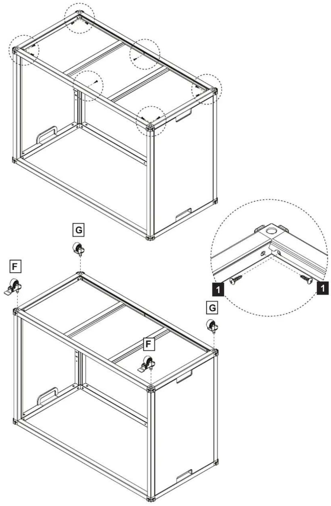 Technical diagram of a modular device with labeled components and assembly views, including G and F annotations.