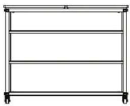Simple line drawing of a three-tiered rectangular frame with wheels at both ends (no text or symbols)