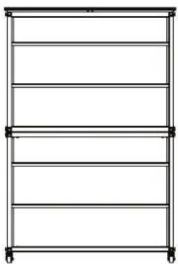 Simple line drawing of a multi-level shelving unit with wheels at both ends (no text or symbols)