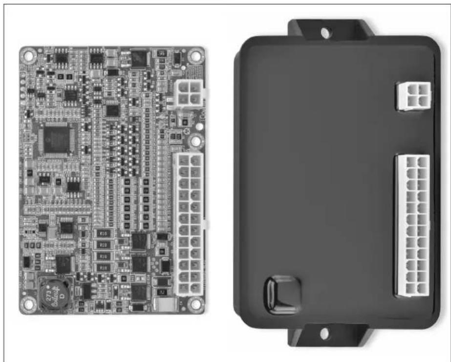 Two electronic circuit boards: one with a grid of connectors and modules, the other with a black connector housing (no visible text or symbols)
