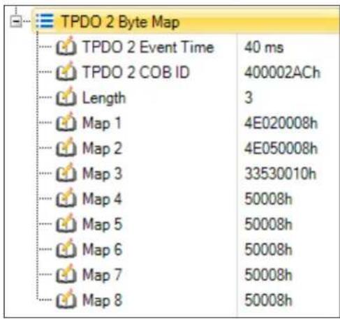 TPDO 2 Byte Map TPDO 2 Event Time 40 ms TPDO 2 COB ID 400002ACh Length 3 Map 1 4E020008h Map 2 4E050008h Map 3 33530010h Map 4 50008h Map 5 50008h Map 6 50008h Map 7 50008h Map 8 50008h
