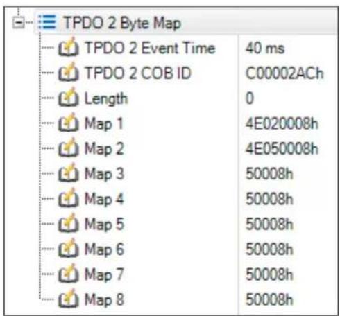 TPDO 2 Byte Map TPDO 2 Event Time 40 ms TPDO 2 COB ID C00002ACh Length 0 Map 1 4E020008h Map 2 4E050008h Map 3 50008h Map 4 50008h Map 5 50008h Map 6 50008h Map 7 50008h Map 8 50008h