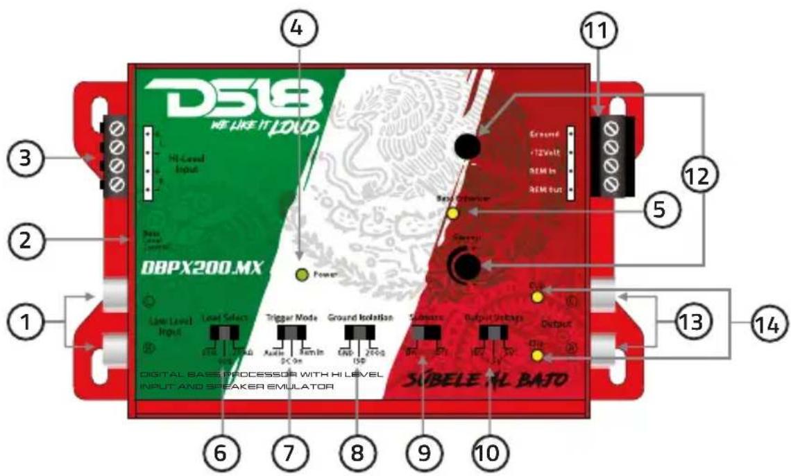 DS18 WE LIKE IT LOAD Hi-Lead Input DBPX200.MX Power Ground +12Volt REM in REM bus 5 11 3 2 14 13 12 5 6 7 8 9 10 DIGITAL BASS PROCESSOR WITH HI LEVEL INPUT AND SPEAKER EMULATOR SUBELE HL BATO