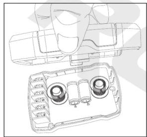 Technical line drawing of a mechanical component with two circular features and a top view (no text or symbols)