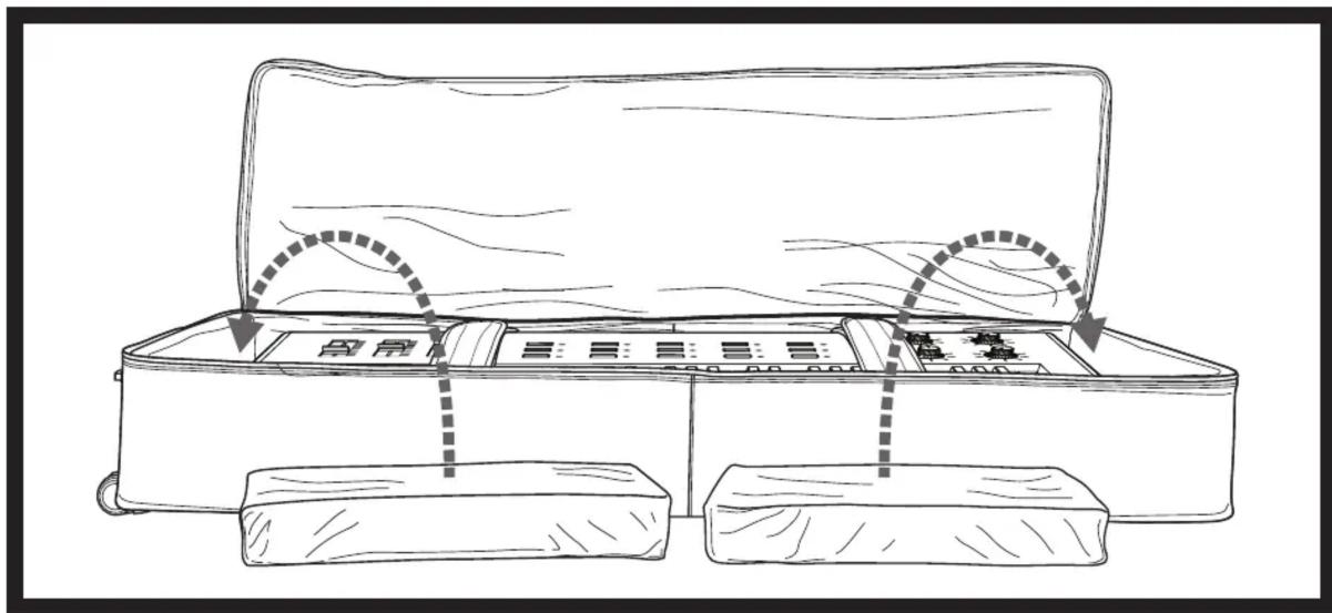 Diagram of a folding box with labeled compartments and directional arrows indicating movement or positioning.
