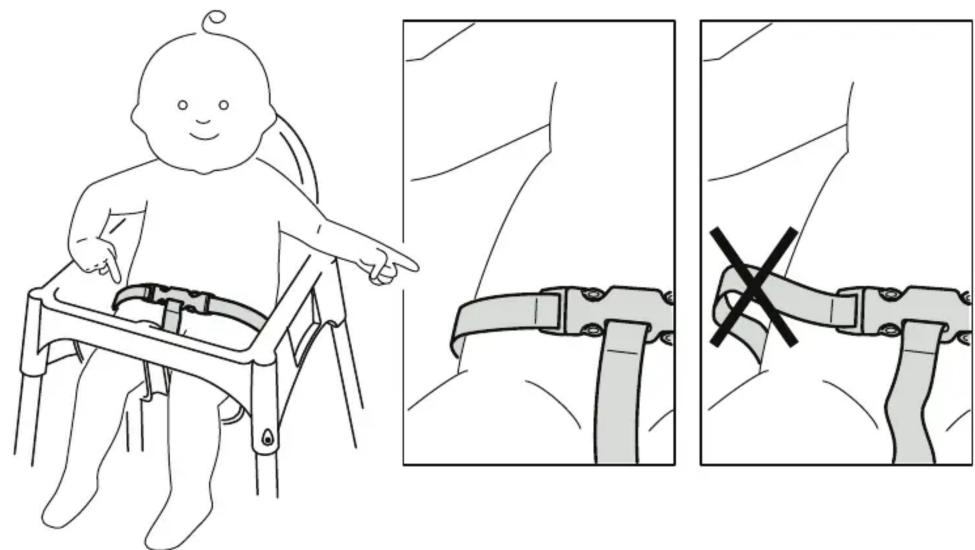 Illustration montrant un bébé dans une chaise haute avec un gros plan de la même ceinture de sécurité, accompagnée d'un texte d'instructions.