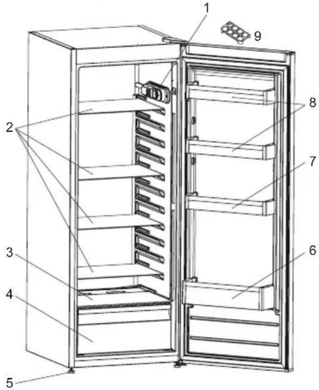 Technical diagram of a refrigerator with numbered parts for identification.