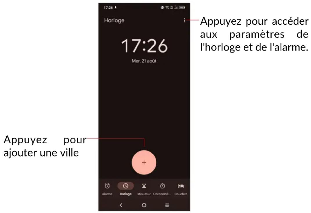 Appuyez pour accéder aux paramètres de l'horloge et de l'alarme. 17:26 Mer. 21 août Appuyez pour ajouter une ville