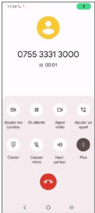 0755 3331 3000, 00:01, Ajouter ma caméra, En attente, Appel vidéo, Ajouter un appel, Clavier, Couper micro, Haut-parleur, Plus