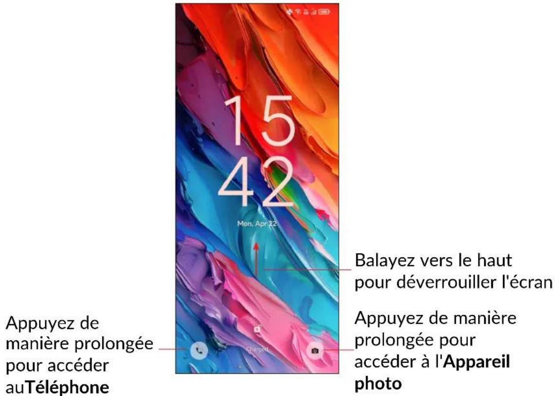 15, 42, Mon. Apr 22, Balayez vers le haut pour déverrouiller l'écran, Appuyez de manière prolongée pour accéder à l'Appareil photo, Appuyez de manière prolongée pour accéder au Téléphone