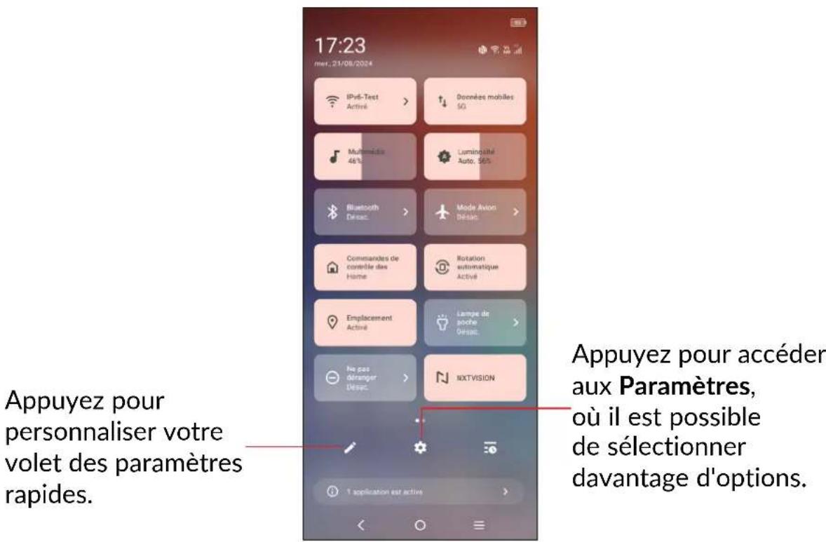 17:23, mer. 21/08/2024, Appuyez pour personnaliser votre volet des paramètres rapides. Appuyez pour accéder aux Paramètres, où il est possible de sélectionner davantage d'options.