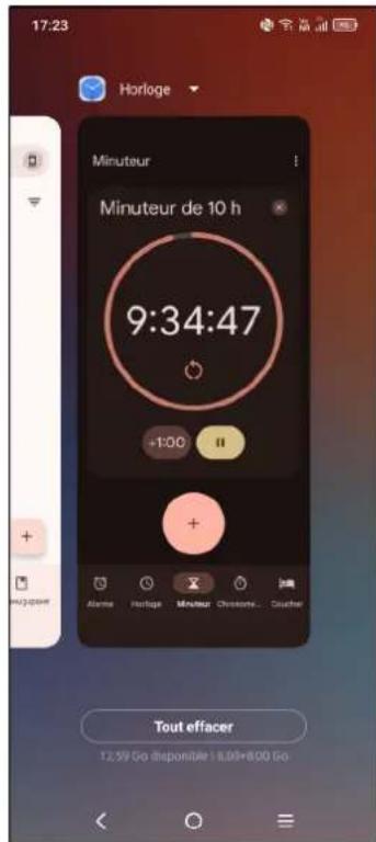 17:23, Horloge, Minuteur, Minuteur de 10 h, 9:34:47, +1:00, +, Alarme Horloge Minuteur Chansons Coucher, Tout effacer, 12,59 Go disponible | 8,09*800 Go