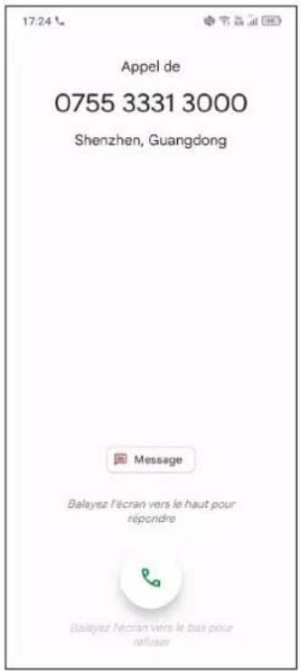 17:24, Appel de 0755 3331 3000, Shenzhen, Guangdong, Message, Balayez l'écran vers le haut pour répondre, Balayez l'écran vers le bas pour refuser