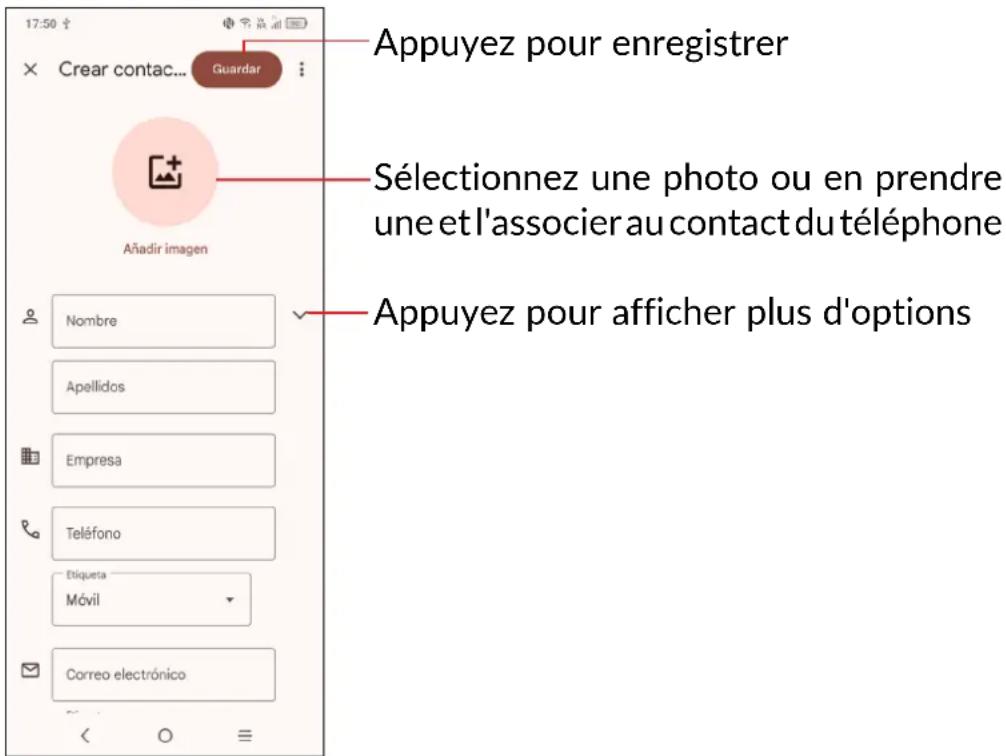 17:50 × Créer contact... Enregistrer Ajouter une image Nom Nom de famille Entreprise Téléphone Étiquette Mobile E-mail Appuyez pour enregistrer Sélectionnez une photo ou en prendre une et l'associer au contact du téléphone Appuyez pour afficher plus d'options