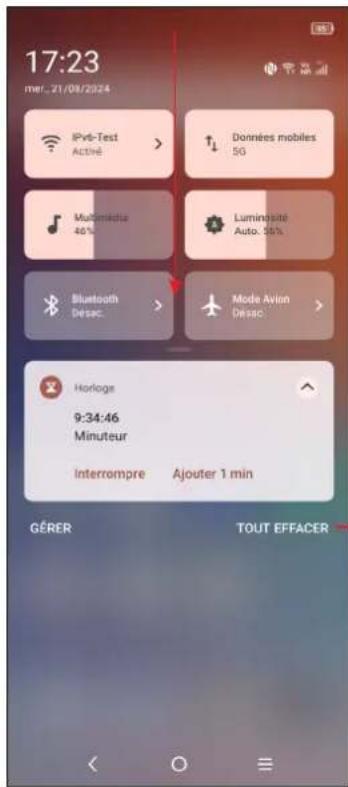 17:23, mer. 21/04/2024, IPv6-Test Activé >, Données mobiles 5G, Multimedia 46%, Luminosité Auto. 56%, Bluetooth Desec >, Mode Avion Desec >, Horloge 9:34:46, Minuteur Interrompre Ajouter 1 min, GÉRER TOUT EFFACER