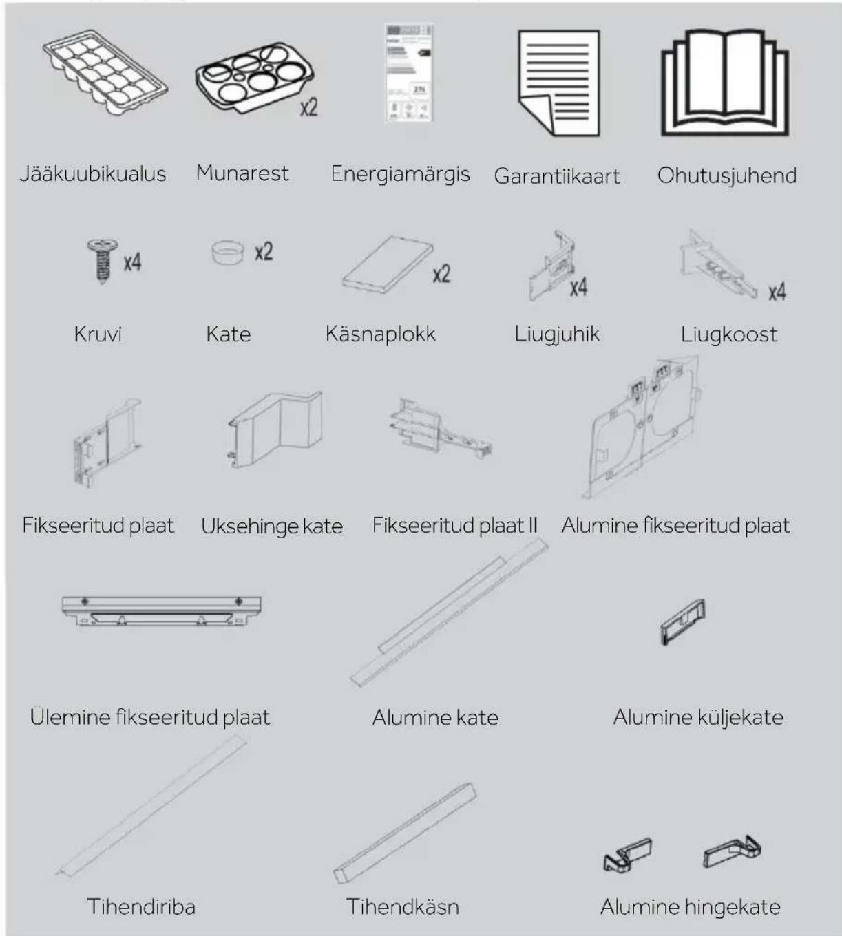 Jääkuubikualus, munarest, energiamärgis, garantiikaart, ohutusjuhend, kruvi, kate, käsnaplokk, liugjuhik, liugkoost, fikseeritud plaat, uksehinge kate, fikseeritud plaat II, alumine fikseeritud plaat, ülemine fikseeritud plaat, alumine kate, alumine küljekate, tihendiriba, tihendkäsn, alumine hingek…