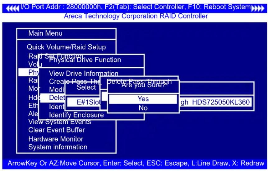I/O Port Addr : 28000000h, F2(Tab): Select Controller, F10: Reboot System Areca Technology Corporation RAID Controller Main Menu Quick Volume/Raid Setup Raid Set Function Volu Physical Drive Function Phy View Drive Information Rai Create Pass That Mor Modi Select Hdo Delet E#1Slot Delete Pass-Throug…