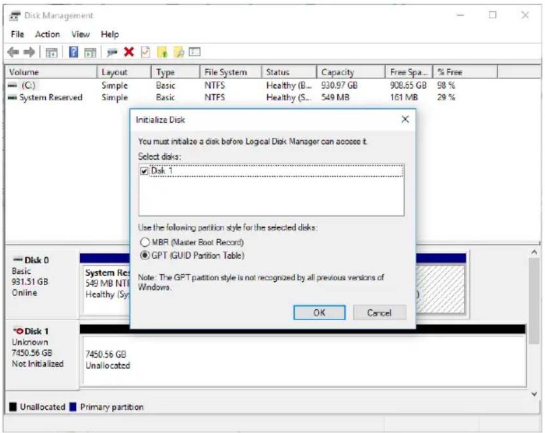 Disk Management File Action View Help Volume Layout Type File System Status Capacity Free Spa... % Free (C:) Simple Basic NTFS Healthy (B... 930.97 GB 908.65 GB 98 % System Reserved Simple Basic NTFS Healthy (S... 549 MB 161 MB 29 % Initialize Disk You must initialize a disk before Logical Disk Mana…