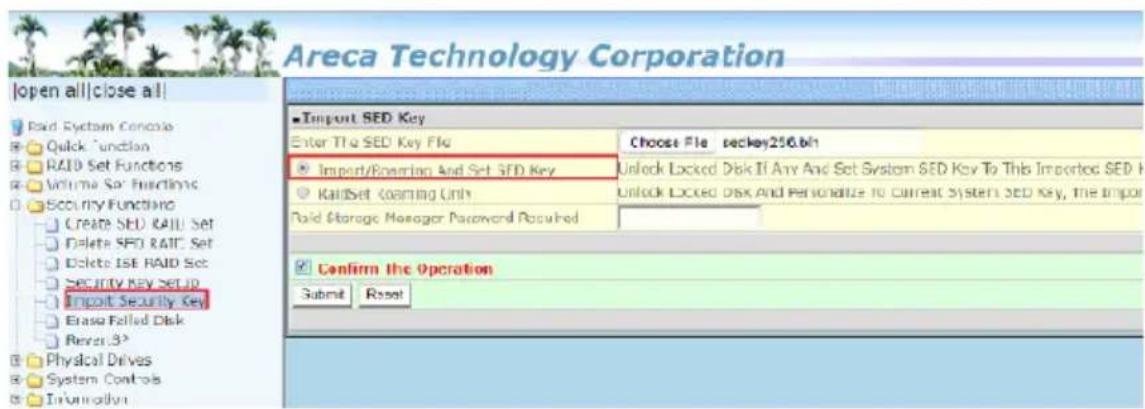 Areca Technology Corporation |open all|close all| Paid System Console Quick Function RAID Set Functions Volume Set Functions Security Functions Create SED RAIL Set Delete SFD RAIT Set Delete LSE RAID Set Security Key Setup Import Security Key Brass Filled Disk Revers 3? Physical Drives System Contro…
