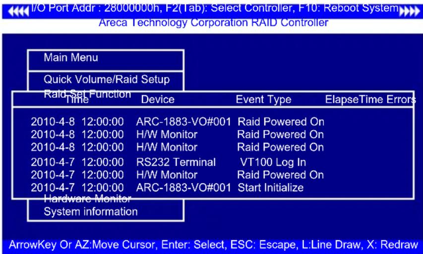 I/O Port Addr : 28000000h, F2(Tab): Select Controller, F10: Reboot System Areca Technology Corporation RAID Controller Main Menu Quick Volume/Raid Setup Raid Set Function Time Device Event Type ElapseTime Errors 2010-4-8 12:00:00 ARC-1883-VO#001 Raid Powered On 2010-4-8 12:00:00 H/W Monitor Raid Pow…