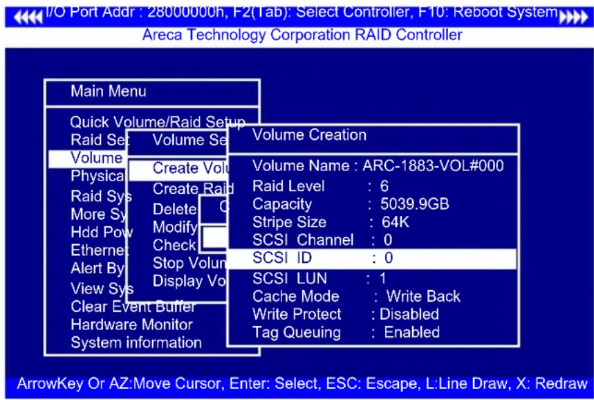 I/O Port Addr : 28000000h, F2(Tab): Select Controller, F10: Reboot System Areca Technology Corporation RAID Controller Main Menu Quick Volume/Raid Setup Raid Set Volume Selection Volume Create Volume Physical Create Raid Raid Sys Delete More Sy Modify Hdd Pow Check Ethernet Stop Volume Alert By Disp…