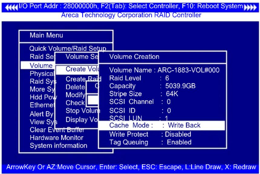 I/O Port Addr : 28000000h, F2(Tab): Select Controller, F10: Reboot System Areca Technology Corporation RAID Controller Main Menu Quick Volume/Raid Setup Raid Set Volume Selection Volume Creation Volume Create Volume Volume Name : ARC-1883-VOL#000 Physical Create Raid Raid Sys Delete More Sys Modify…